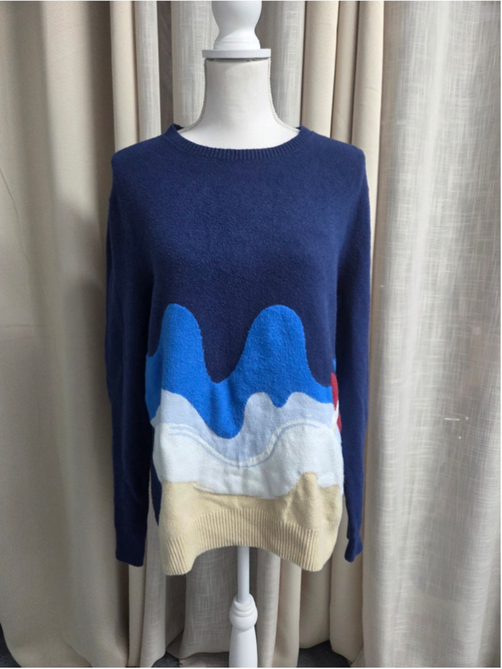 Hawker Rye Men's Navy Wave-Panel Crewneck Sweater Intarsia Kayak Cotton Blend